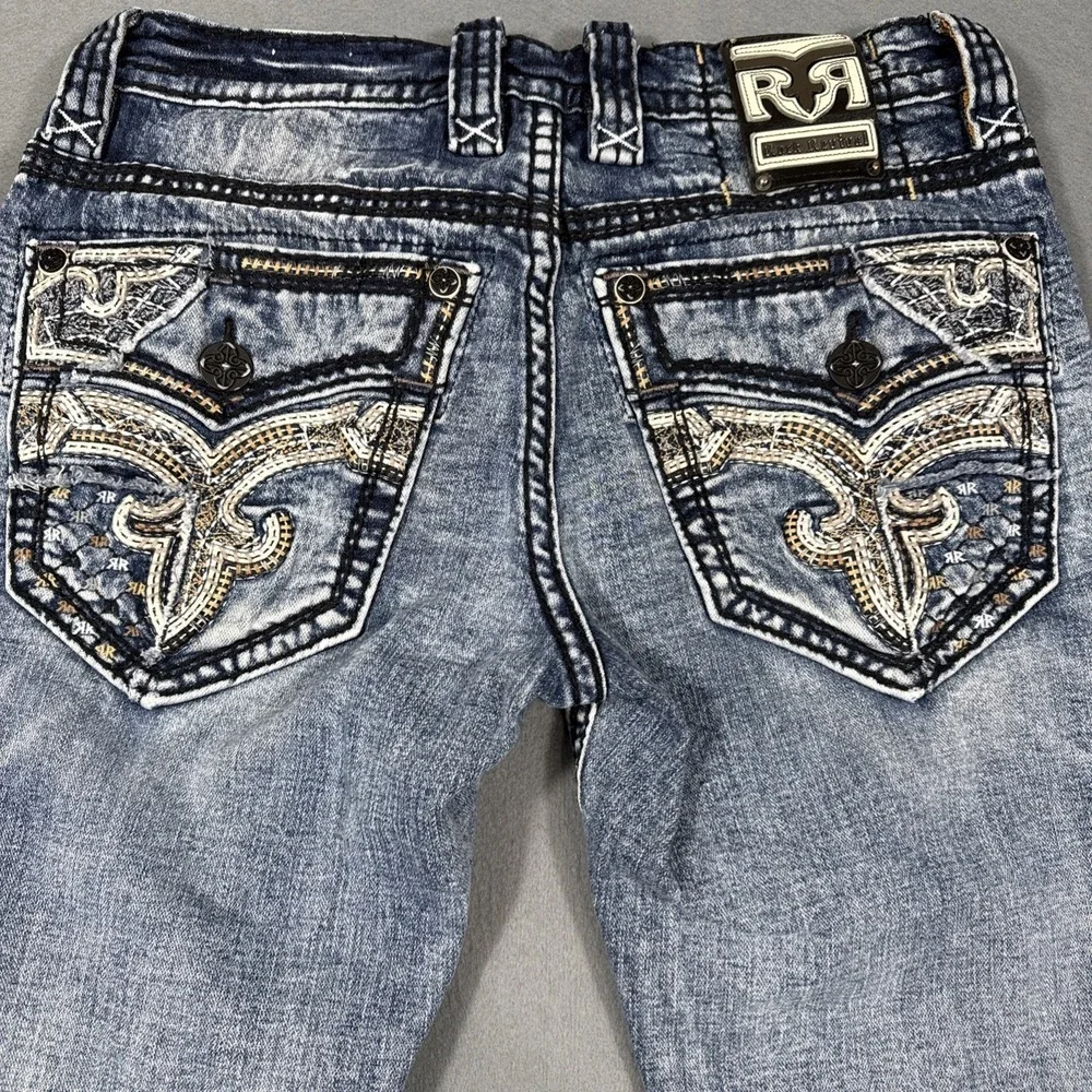 Men's 32 Rock Revival Jeans Clifford Straight 0855 WHISKERING THICKS STITCH